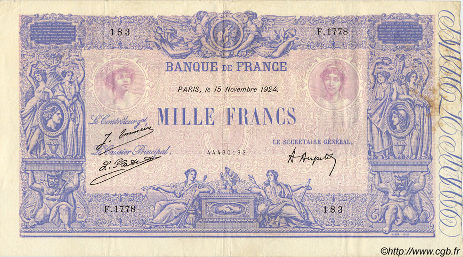 1000 Francs BLEU ET ROSE FRANCE  1924 F.36.40 TTB+