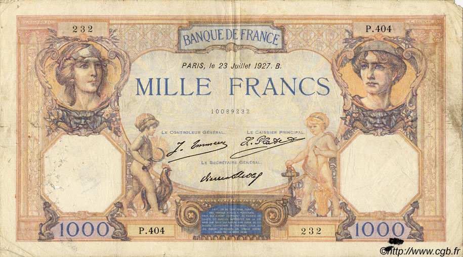 1000 Francs CÉRÈS ET MERCURE FRANCE  1927 F.37.01 B+