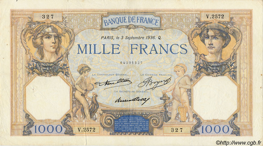 1000 Francs CÉRÈS ET MERCURE FRANCE  1936 F.37.09 TB+ à TTB