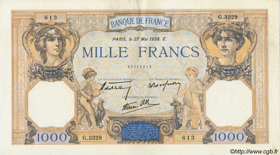 1000 Francs CÉRÈS ET MERCURE type modifié FRANCE  1938 F.38.16 TTB+