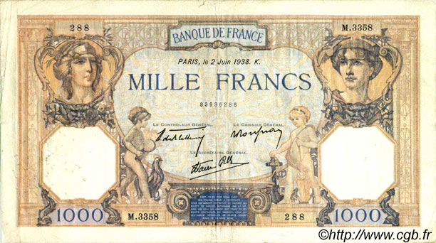 1000 Francs CÉRÈS ET MERCURE type modifié FRANCE  1938 F.38.17 TB