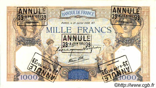 1000 Francs CÉRÈS ET MERCURE type modifié Annulé FRANCE  1938 F.38.24 SUP