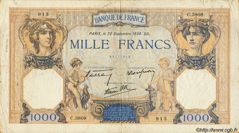 1000 Francs CÉRÈS ET MERCURE type modifié FRANCE  1938 F.38.27 TB
