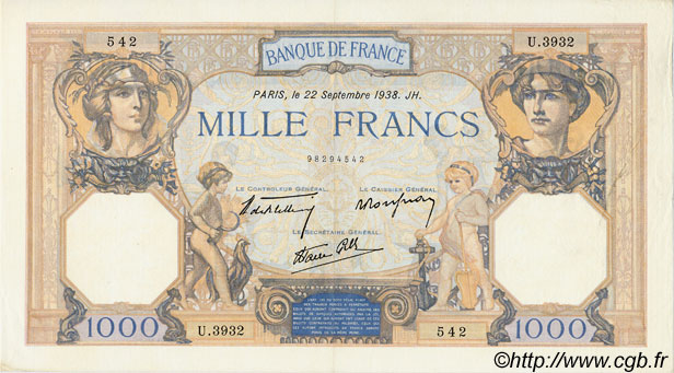 1000 Francs CÉRÈS ET MERCURE type modifié FRANCE  1938 F.38.27 SUP