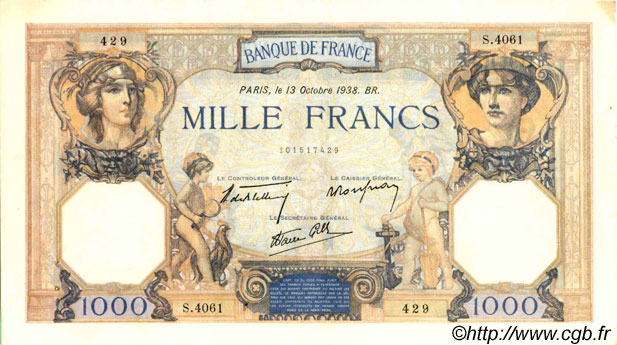 1000 Francs CÉRÈS ET MERCURE type modifié FRANCE  1938 F.38.29 SUP