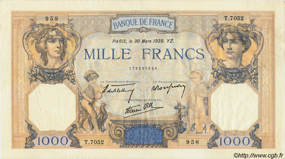 1000 Francs CÉRÈS ET MERCURE type modifié FRANCE  1939 F.38.35 TTB+ à SUP