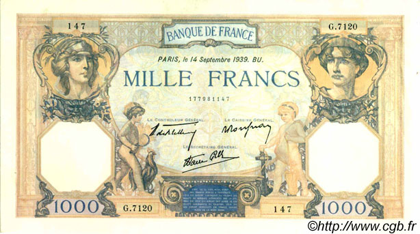 1000 Francs CÉRÈS ET MERCURE type modifié FRANCE  1939 F.38.36 SUP