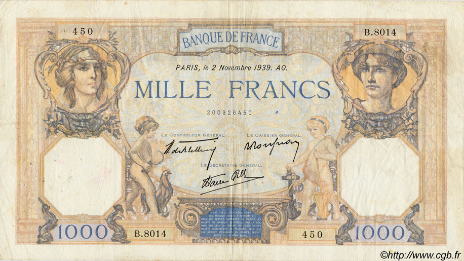 1000 Francs CÉRÈS ET MERCURE type modifié FRANCE  1939 F.38.38 TB à TTB