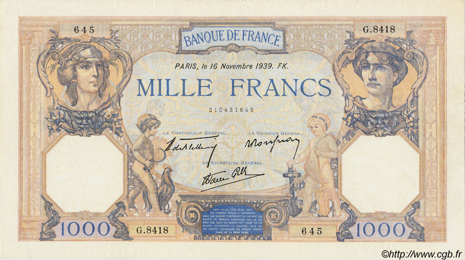 1000 Francs CÉRÈS ET MERCURE type modifié FRANCE  1939 F.38.39 pr.SUP