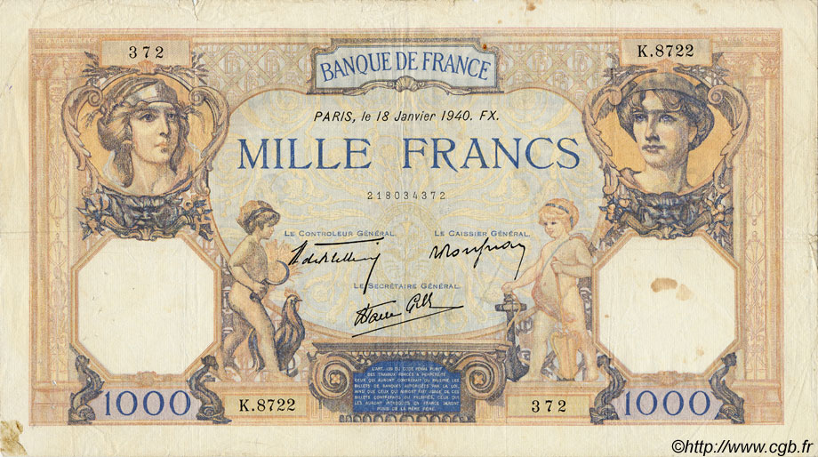 1000 Francs CÉRÈS ET MERCURE type modifié FRANCE  1940 F.38.41 pr.TB