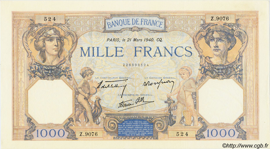 1000 Francs CÉRÈS ET MERCURE type modifié FRANCE  1940 F.38.44 SUP+ à SPL