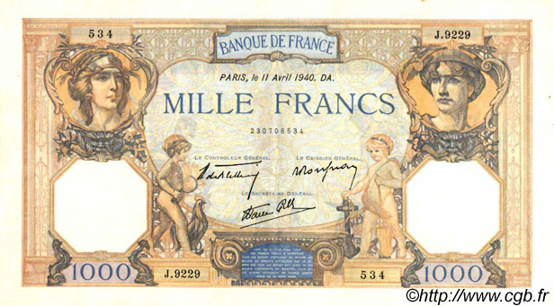 1000 Francs CÉRÈS ET MERCURE type modifié FRANCE  1940 F.38.45 pr.SPL