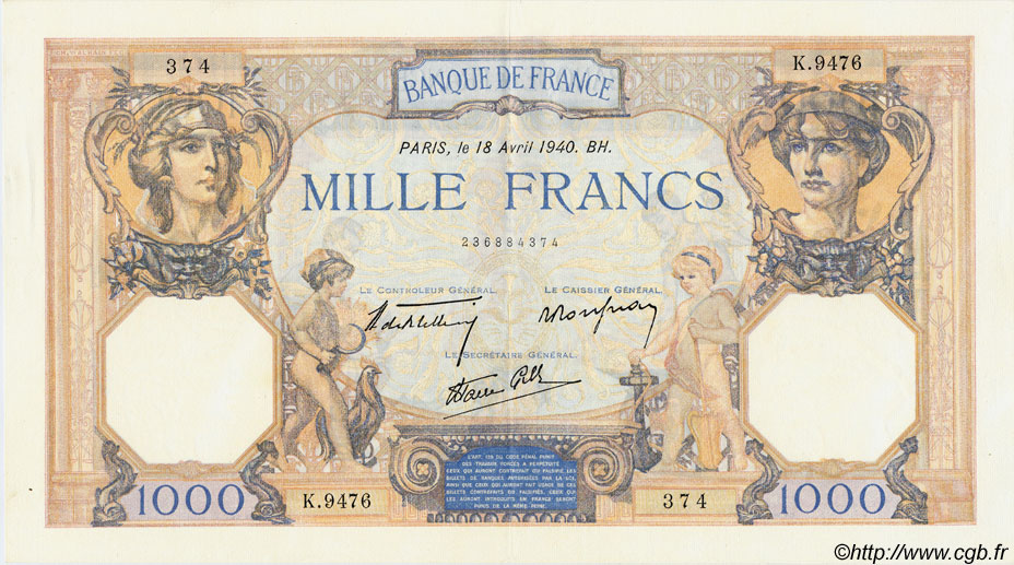 1000 Francs CÉRÈS ET MERCURE type modifié FRANCE  1940 F.38.46 SPL