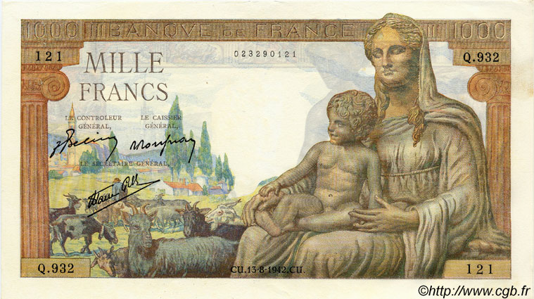1000 Francs DÉESSE DÉMÉTER FRANCE  1942 F.40.04 pr.SPL