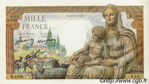 1000 Francs DÉESSE DÉMÉTER FRANCE  1942 F.40.09 SPL+