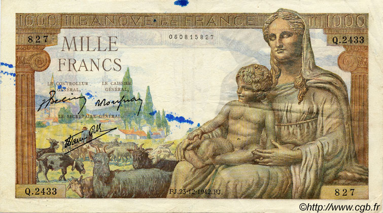 1000 Francs DÉESSE DÉMÉTER FRANCE  1942 F.40.14 TB