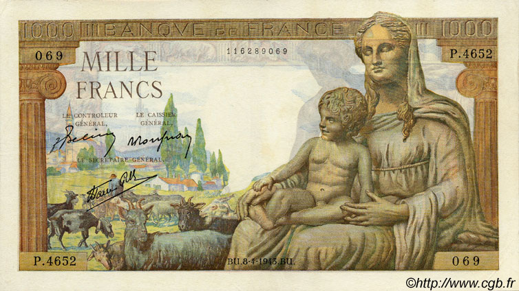 1000 Francs DÉESSE DÉMÉTER FRANCE  1943 F.40.21 SUP