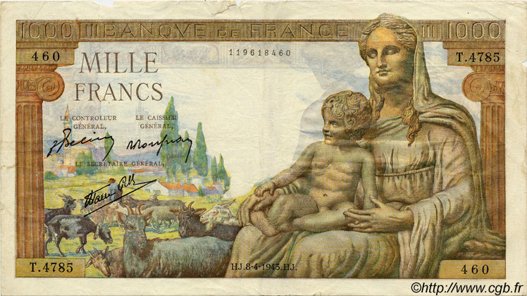 1000 Francs DÉESSE DÉMÉTER FRANCE  1943 F.40.21 pr.TB