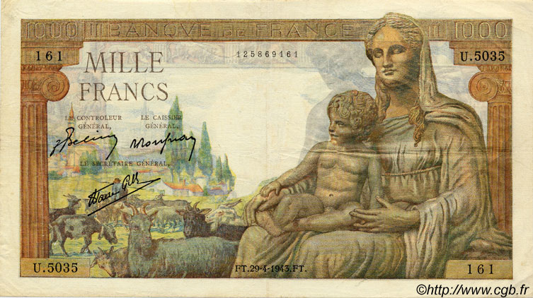 1000 Francs DÉESSE DÉMÉTER FRANCE  1943 F.40.22 TTB