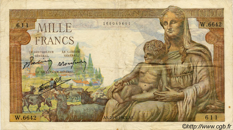 1000 Francs DÉESSE DÉMÉTER FRANCE  1943 F.40.28 TB+