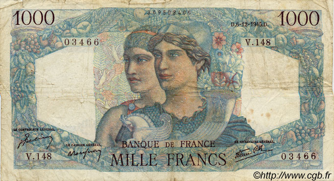 1000 Francs MINERVE ET HERCULE FRANCE  1945 F.41.09 pr.TB