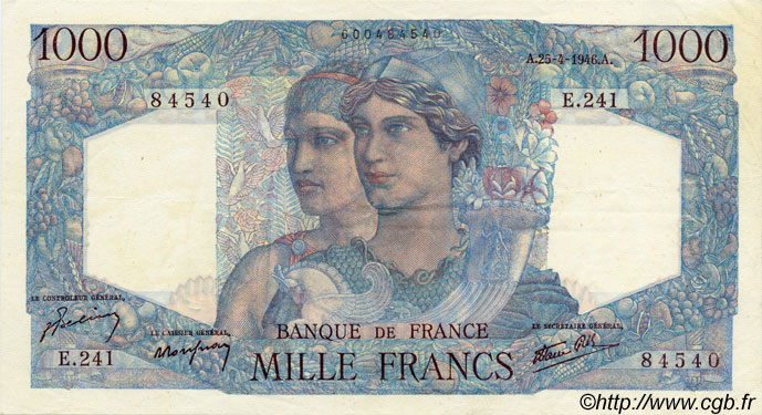 1000 Francs MINERVE ET HERCULE FRANCE  1946 F.41.13 SUP