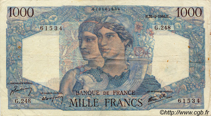1000 Francs MINERVE ET HERCULE FRANCE  1946 F.41.13 pr.TTB