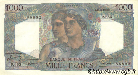 1000 Francs MINERVE ET HERCULE FRANCE  1950 F.41.33 SUP