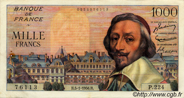 1000 Francs RICHELIEU FRANCE  1956 F.42.18 TTB+