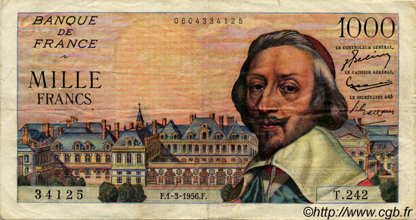 1000 Francs RICHELIEU FRANCE  1956 F.42.19 TTB