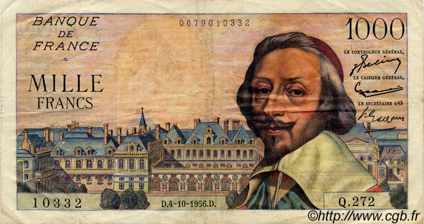 1000 Francs RICHELIEU FRANCE  1956 F.42.22 TTB