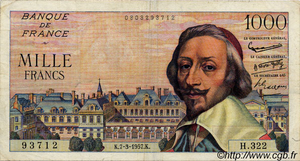 1000 Francs RICHELIEU FRANCE  1957 F.42.25 TB
