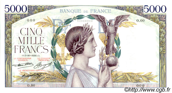 5000 Francs VICTOIRE Épreuve FRANCE  1934 F.44.00Ec NEUF