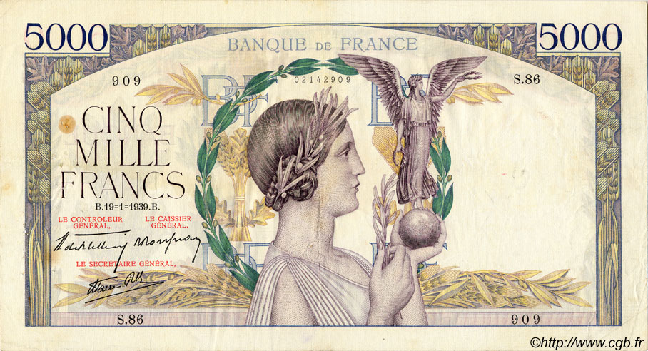 5000 Francs VICTOIRE Impression à plat FRANCE  1939 F.46.02 pr.TTB