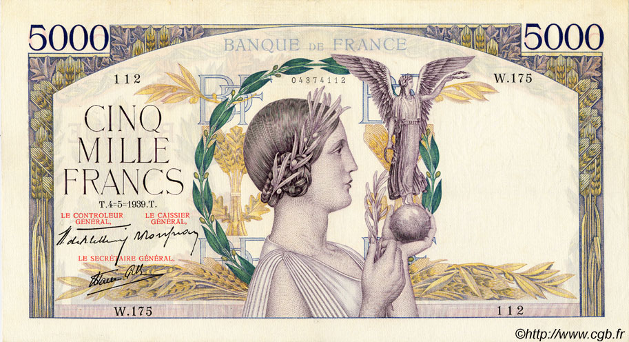 5000 Francs VICTOIRE Impression à plat FRANCE  1939 F.46.05 TTB