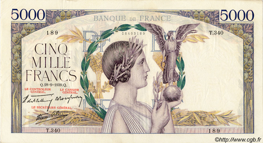 5000 Francs VICTOIRE Impression à plat FRANCE  1939 F.46.12 TTB