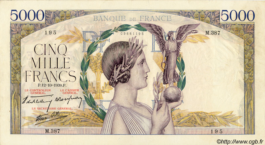 5000 Francs VICTOIRE Impression à plat FRANCE  1939 F.46.14 TTB