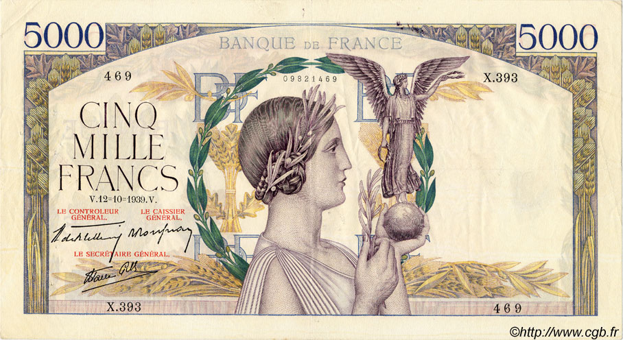 5000 Francs VICTOIRE Impression à plat FRANCE  1939 F.46.14 TTB