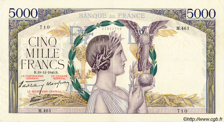 5000 Francs VICTOIRE Impression à plat FRANCE  1940 F.46.17 TTB+