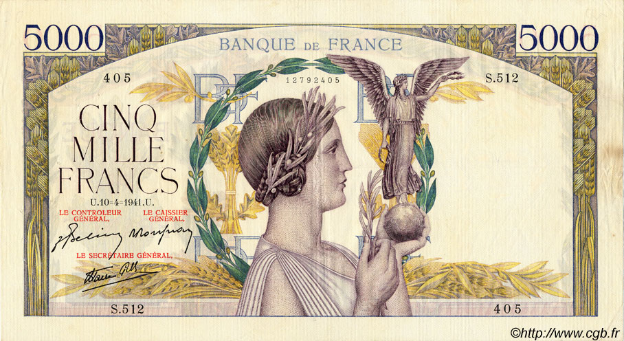 5000 Francs VICTOIRE Impression à plat FRANCE  1941 F.46.19 TTB