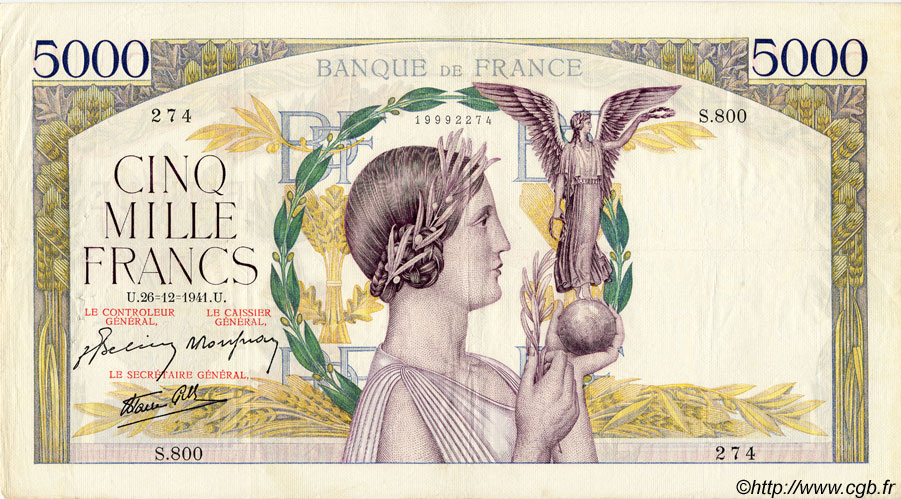 5000 Francs VICTOIRE Impression à plat FRANCE  1941 F.46.31 TTB