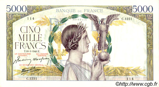 5000 Francs VICTOIRE Impression à plat FRANCE  1943 F.46.49 TTB+