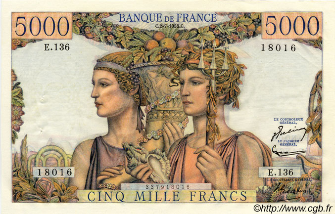 5000 Francs TERRE ET MER FRANCE  1953 F.48.09 pr.SPL