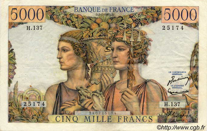 5000 Francs TERRE ET MER FRANCE  1953 F.48.09 TTB+ à SUP
