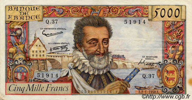5000 Francs HENRI IV FRANCE  1958 F.49.05 pr.TTB