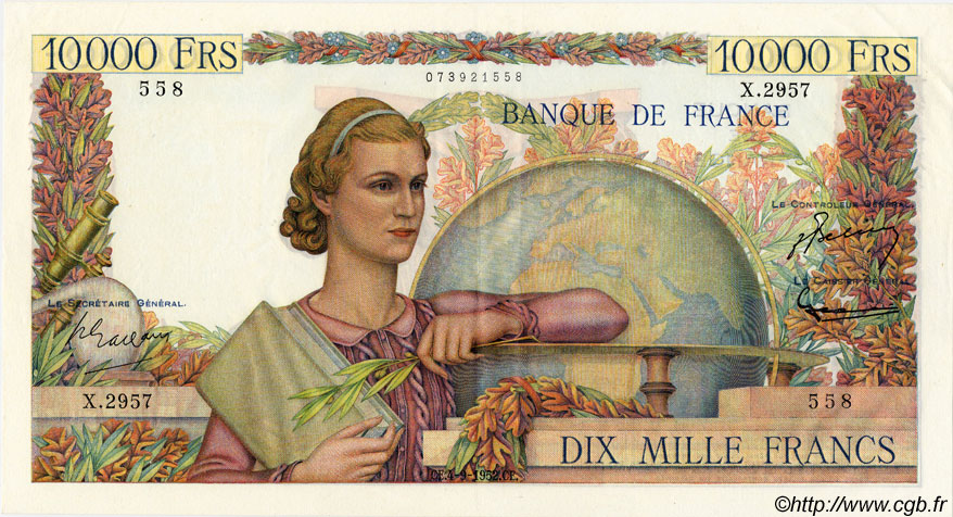 10000 Francs GÉNIE FRANÇAIS FRANCE  1952 F.50.60 SUP