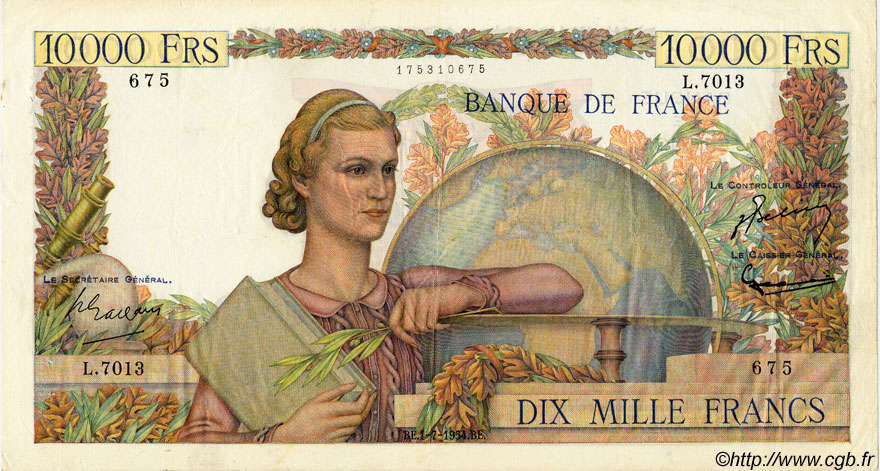 10000 Francs GÉNIE FRANÇAIS FRANCE  1954 F.50.71 TTB