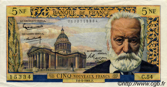 5 Nouveaux Francs VICTOR HUGO FRANCE  1961 F.56.07 TTB+