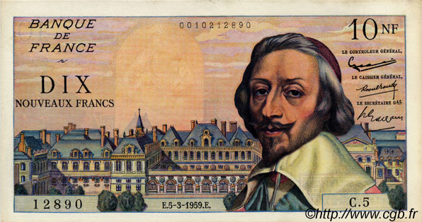 10 Nouveaux Francs RICHELIEU FRANCE  1959 F.57.01 SUP à SPL