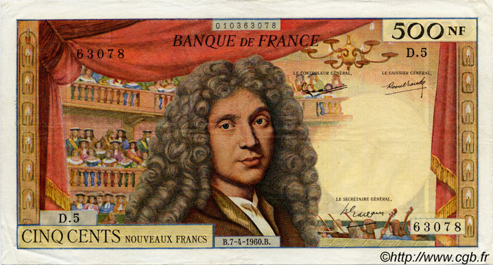 500 Nouveaux Francs MOLIÈRE FRANCE  1960 F.60.02 TTB+